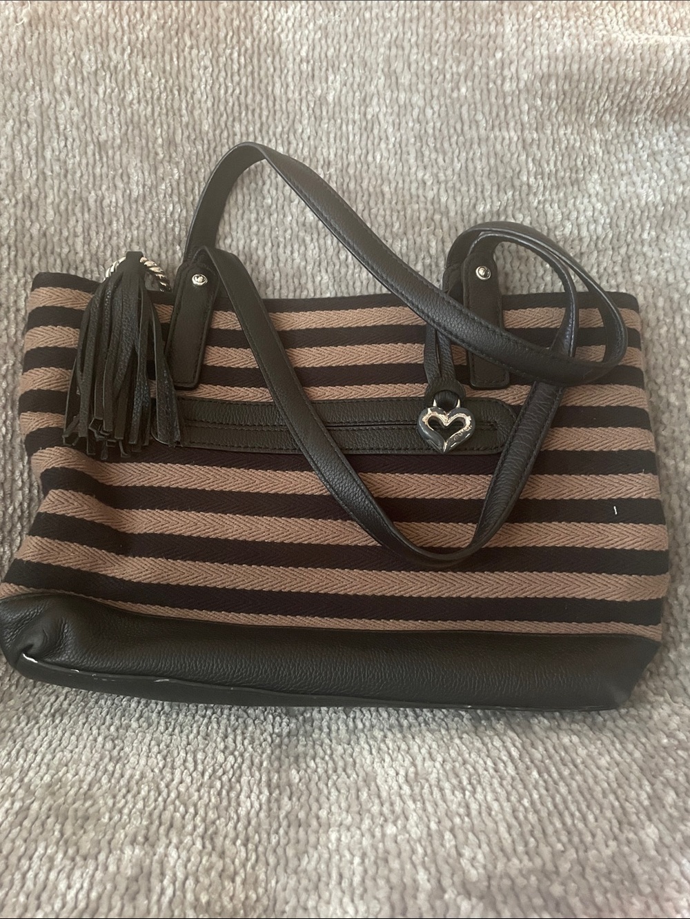 Brighton Black and Brown Striped Tote with Heart Charm